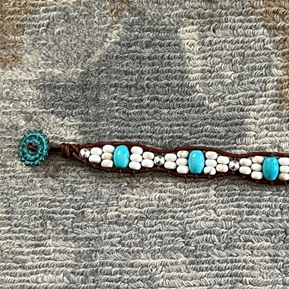 Unisex Leather, Turquoise and sterling silver wrap bracelet. 7" - 8.25 - Picture 1 of 6